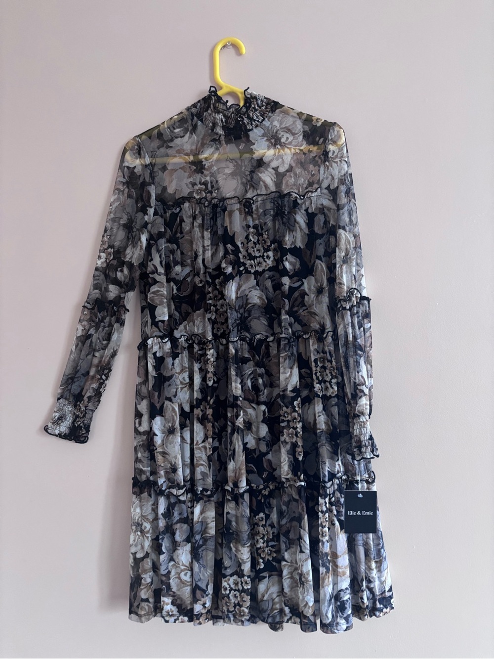 Sheer Floral Tiered Midi Dress in Black and Gray
